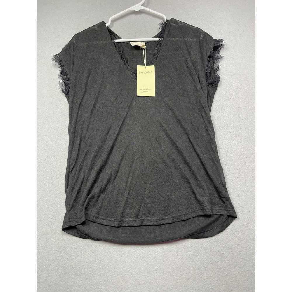 Easy Clothes Top Knit Lace Trim Noir Black TU One Size Womens